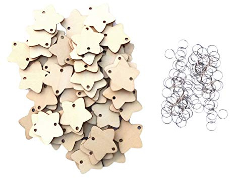 Healifty 50pcs unvollendete Holzscheiben für Geburtstagskalender Stern Holzscheiben mit 50pcs Drahtring Anhänger für Festival Weihnachten Neujahrsparty
