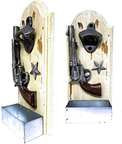 Westernranch Flaschenöffner mit Kronkorkenauffangbehälter, Wandflaschenöffner Colt und Stern