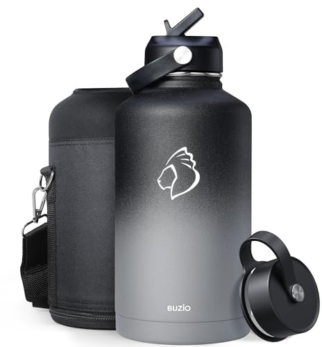 Stainless Steel Water Bottle 2L, BUZIO Insulated Water Bottle with Straw Lid and Flex Cap Cold for 48 Hrs, Hot for 24 Hrs Double Wall Wide Mouth BPA Free Leak Proof, Black&Grey