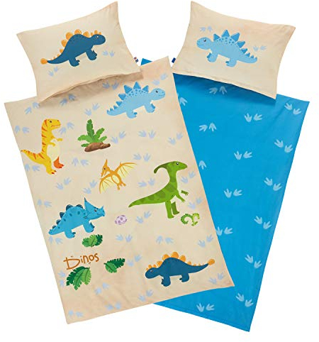 Aminata kids Kinderbettwäsche Dinosaurier Dino-Motiv 100x135 Junge Jungen - Baumwolle mit YKK Reißverschluss, Wende Kinder-Bettwäsche-Set Dinos bunt, blau, beige T-Rex Jurassic Saurier
