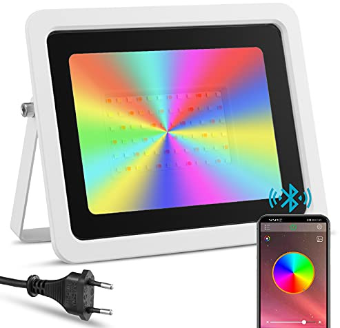 Foco LED RGBW de Exterior 100W Controlado por Teléfono Inteligente, IP68 Impermeable, Proyector LED Inteligente de color RGB, Iluminación Jardín Piscina Boda Fiesta（100W Blanco）