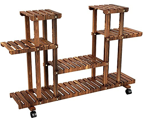 Yaheetech Pflanzenregal Blumentreppe aus Holz Pflanzentreppe 4 Ebenen Blumenständer Balkon mehrstöckig Holzregal mit Rollen