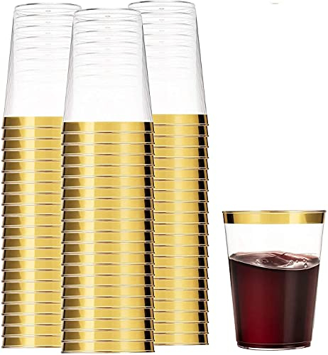 LATERN 50Pcs Gold Rimmed Plastic Cups, 360ml Plastic Tumblers Reusable Drink Cups Elegant Party Wine Glasses for Champagne Beer Cocktail Martini Soda Dessert (10.5 x 7.5cm)
