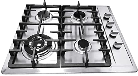 KOLHGNSE Cocina de gas para camping, cocina de gas, 4 fuegos, empotrable, acero inoxidable, para gas natural propano (590 x 510 mm)