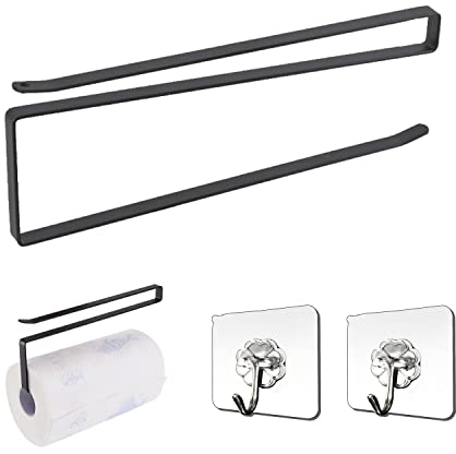 1 Piece Kitchen Roll Holder No Drilling with 2 Pieces Self-Adhesive Hooks, Roll Paper Plastic Film Food Storage Bags Cups Towels, Kitchen Wall Mounted Multifunctional Storage Rack