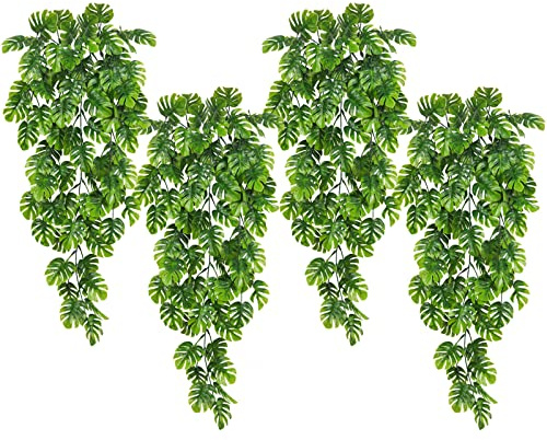 RECUTMS Artificial Hanging Plants 4Pcs, Fake Monstera Leaves Ivy Vine Faux Greenery UV Resistant Tropical Palm Leaf Swag Plant for Garden Home Jungle Hawaiian Luau Party Outdoor Indoor Spring Décor