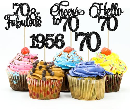 Gyufise 30Pcs 70th Birthday Cupcake Toppers 70 Fabulous Cupcake Picks Cheers to 70 1956 Cake Decorations for Happy 70th Birthday Wedding Anniversary Party Decoration Supplies Black