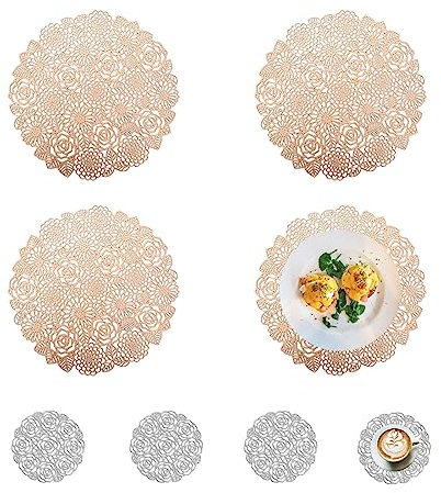 Spldsun Set of 8 Manteles Individuales Redondos y Posavasos, Manteles Individuales Redondos PVC, para Mesas Decorativas Antideslizantes, Antiarañazos (Oro Rosa, Plata)