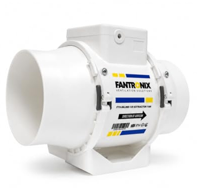 Fantronix 125 mm Inline Extractor Fan for Bathrooms and Grow Rooms | Quiet 5-Inch Ventilation For Showers, Toilets, Utility Rooms And Hydroponic Ducting.