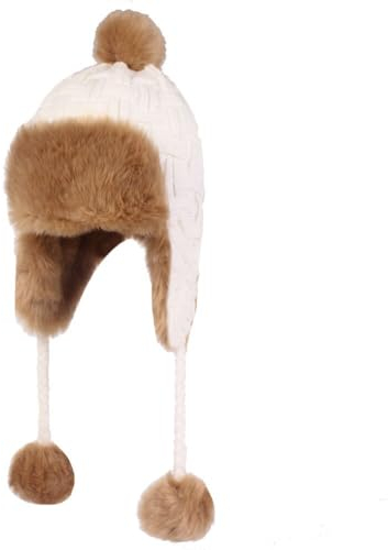 QICHEN Strick Fliegermütze Damen Wintermütze Ohrenschützer Warm Fellmütze Ski Trapper Mütze (DE/NL/SE/PL, Numerisch, 56, 59, Weiß)