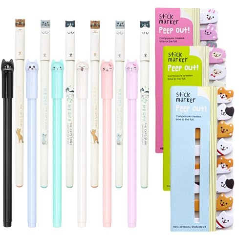 MisFun 12 Süße Katzen Gel Tintenstifte, 480 Katzen Haftnotizen Seite, Kawaii Cat Gel Stift, Schwarze Tinte Katze Gel Stifte Schreibwaren Lesezeichen für Kinder Katzenliebhaber Zuhause Büro Schule