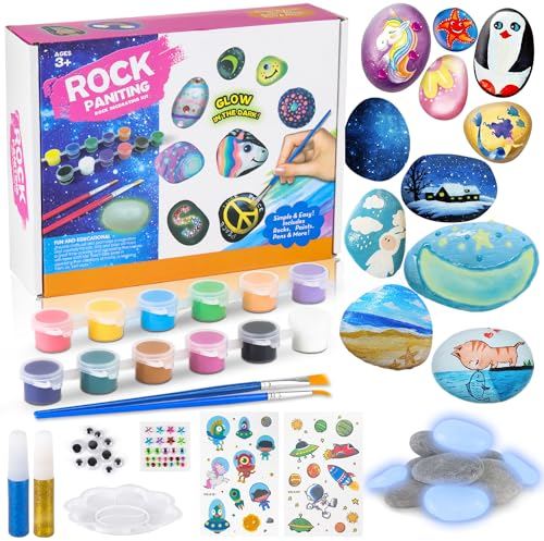 Ezydka Steinmalerei-Set für Kinder, Steinmalerei-Set, Bastelarbeiten, Malspielzeug mit 12 Farben, Kunstmaterialien für Kinder, Familienaktivitäten, Geburtstagsgeschenk
