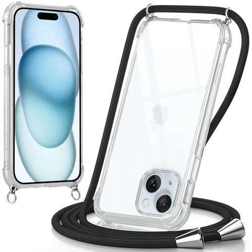 Oelrstfe Coque pour iPhone 15 avec Cordon, Transparente Silicone Housse avec Réglable Cordage - Collier Case Protection pour iPhone 15, Bandoulière - Noir