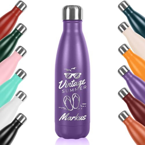 polar-effekt Trinkflasche aus Edelstahl 500 ml in Lila mit Gravur - isolierte Wasserflasche - für Männer und Frauen - BPA-Frei