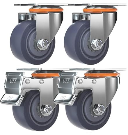 CuKYi Lenkrolle, Trolley-Möbelrolle, 4 Stück gummierte Trolley-Räder, Vollgummi-Industrierollen for den Innen- und Außenbereich, drehbare Gummirollen mit Bremse, (Size : 125mm)