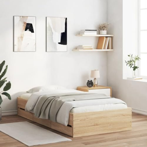 SECOLI Bettgestell 100 x 200 cm mit 6 Schubladen und Lattenrost - Eiche, Natur - Country Rustik - Queen - 100 x 200 cm