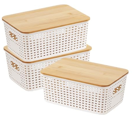 Kongming 3 Stücke Aufbewahrungsbox mit Bambus Deckel und Griff 5l Kunststoff Bad Organizer Klein Aufbewahrungskorb Weiß Kisten Boxen Aufbewahrung für Küche Badezimmer Schlafzimmer Balkon 25x18x10cm