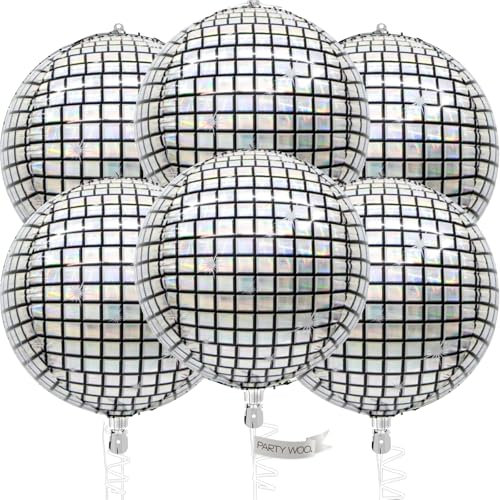 PartyWoo Lot de 6 ballons disco argentés en aluminium 4D - 55 cm - Grands ballons ronds en aluminium pour décoration d'anniversaire, décoration de mariage, décoration de fête (ronds, discothèque)