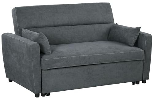 HOMCOM Schlafsofa, 2-Sitzer Sofa mit Schlaffunktion, Verstellbare Rückenlehne, Couch mit Kissen, Samtoptik, Schlafcouch für Wohnzimmer, Gästezimmer, Dunkelgrau