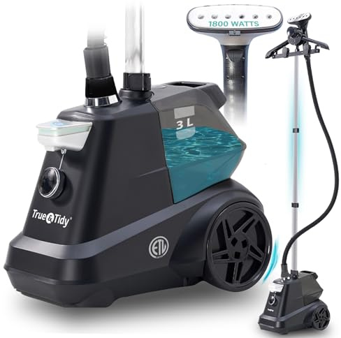 True & Tidy® Heavy-Duty Commercial Industrial Standing Garment Steamer for Clothes, 1800 watts, XL 3L water tank 90+ mins of Steam 3 Steam Settings, Step On/Off Control, Wheels for Easy Movement