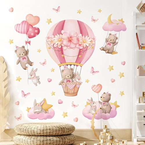Tanlaby Wandtattoo Heißluftballon Bär Kaninchen Sterne Herzen | Cartoon Tiere Abziehen Aufkleben für Kinderzimmer Babyzimmer Schlafzimmer
