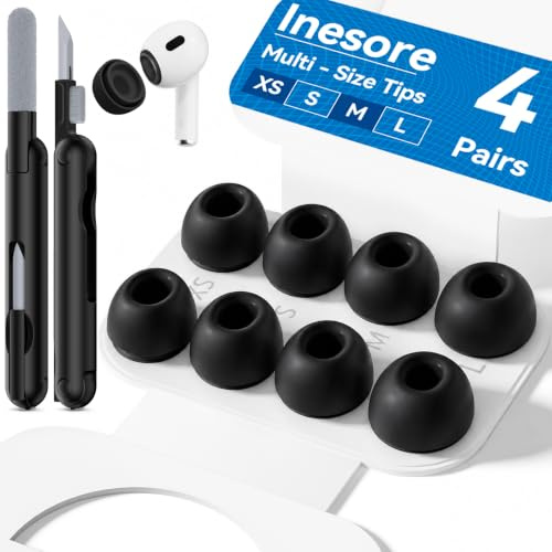 Inesore Replacement Ear Tips for AirPods Pro 1/2, 4 Size-Black | with Hole for Noise Reduction, Silicone Earplugs for AirPods Pro with Cleaning Set & Portable Storage Box, 4 Pairs