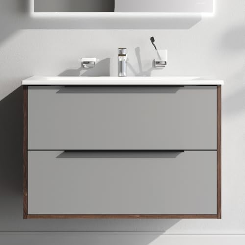 AM.PM Waschbeckenunterschrank Grau Hängend mit Waschbecken, Badezimmerschrank, Badmöbel Set für Badezimmer, Badschrank, Waschtischunterschrank mit 2 Schubladen, 80 cm breit, Graphit matt