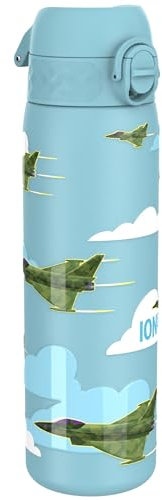Ion8 Gourde Inox Léger, 600ml, Non Isolé, Anti-Fuite, Facile à Ouvrir, Verrouillage Sécurisé, Lavable au Lave-Vaisselle, Poignée de Transport, Durable, Acier Inoxydable, Motif 3D Avions de Chasse