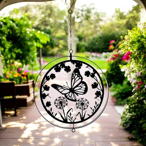 Black Metal Orbit Wind Spinner – Hanging Blue Tit or Butterfly Silhouette | 39cm Kinetic Garden Ornament | Weather-Resistant Outdoor Décor for Patio, Yard & Trees (Butterfly Silhouette)
