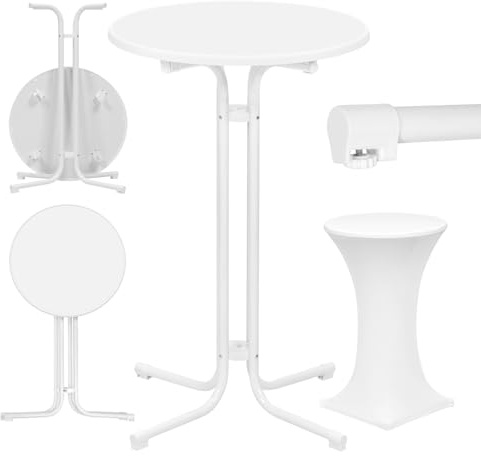 WOLTU Stehtisch klappbar, Bistrotisch mit Husse, Gartentisch wetterfest rund, Bartisch Ø 70 cm, Hochtisch 110 cm, Beistelltisch Indoor Outdoor, für Garten Party Hochzeit, Metallrohre, Weiß