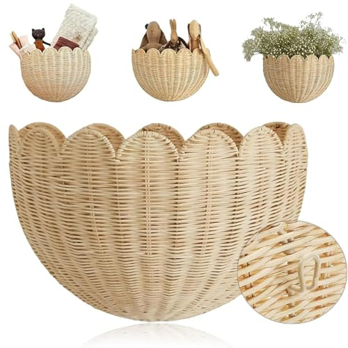 Scalloped Wall Basket - Scalloped Hanging Wicker Baskets for Wall, Handwoven Wall Baskets, Hanging Flower Basket, Wicker Hanging Storage Bins, Wall-Mounted Organizer for Entryway, Kitchen, Office