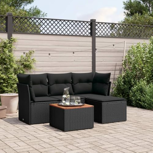 IKAYAA 5-TLG Rattan Gartenmöbel Set mit Stauraum Balkonlounge Gartenmöbel Ecklounge Gartenlounge Outdoor Terrassenmöbel außen für Garten Balkon Terrasse, inkl. Kissen Schwarz Type-17