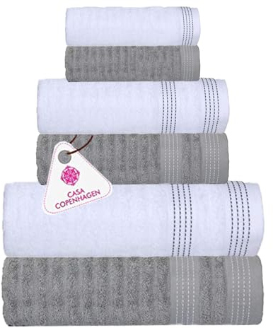 Casa Copenhagen Juego Regalo 6 Toallas de baño,600 gsm,Gris Violeta Blanco | elegance Juego de toallas 100 % algodón egipcio: 2 baño, 2 mano y 2 paño de lavado(set de regalo para mujeres / hombres)