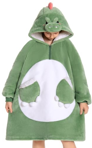 OLAOLA Sweat à Capuche Couverture Surdimensionnée Dinosaure pour Enfants, Pull Plaid à Capuche en Polaire Sherpa avec Manches et Poches, Sweat Plaid Doux et Chaud pour Filles Garçons