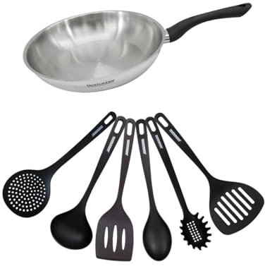 Fackelmann Set poêle inox 28 cm avec 6 ustensiles RPET | Poêle inox 18/8 et 6 ustensiles, Ø 28 cm fond 20 cm, Induction vitrocéramique gaz four, Lave vaisselle accepté, Sans PFAS