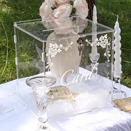 Homtone Acryl Hochzeit Kartenbox mit Schloss, hochtransparente Acryl Hochzeitskartenbox, große klare Geschenkkartenbox mit breitem Schlitz, DIY Geldbox für Hochzeit, Geburtstag (Mit Licht & Blüten)