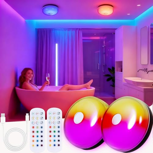 2PACK Rechargeable LED Shower Light, 15 RGB Colors Mood Lighting, Dimmable Ceiling Light for Bathroom Living Room Closet Bedroom