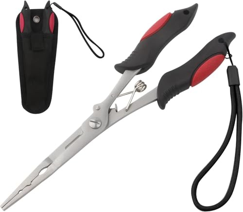 Pinze da Pesca NewBEP a Naso Lungo in Acciaio Inox, Rimuovi Ami, Taglia Fili Trecciati, Pinze per Anelli Spaccati, con Cordino e Supporto per Pesci, Attrezzatura per Pesca a Mosca su Ghiaccio, per