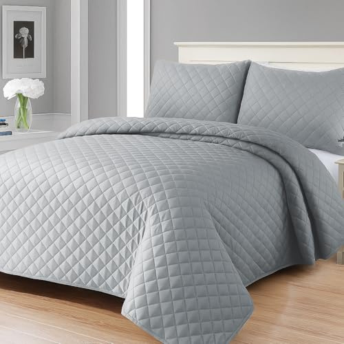 MIA we dress your home Luxury Quilted Bedspreads Double Size - 3 Piece Silver Embossed Bed Cover 220x250 Comforter Throw Ultra Soft Coverlet All Seasons
