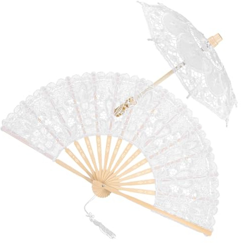 Beavorty Spitzen Spitzenschirm Weiß Teiliges mit Fächer Brautschirm Fotorequisit Hochzeit Vintage Dekoration Ergonomischer Griff Leicht Tragbar