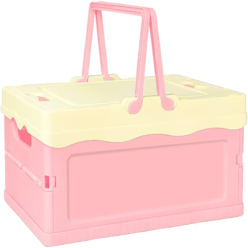 Tobeso-Nuoze Kleine Klappbox mit Deckel Faltbare Aufbewahrungskorb Stabiler Klappkiste mit Henkel 30 * 22cm Aufbewahrungsbox Kunststoffbox für Schrank/Wohnzimmer/Küche/Büro(Rosa)