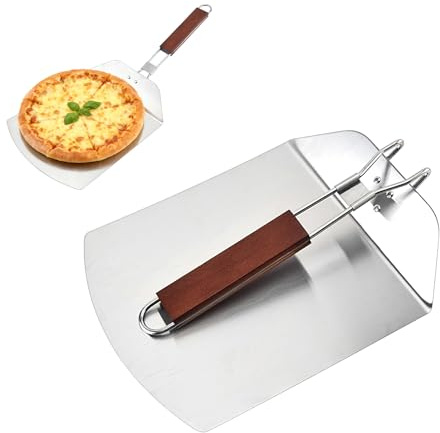 Pelle à pizza en acier inoxydable avec poignée pliable, large spatule à pizza en métal pour la cuisson maison (rectangulaire style B, poignée en bois, 24 x 57 cm)