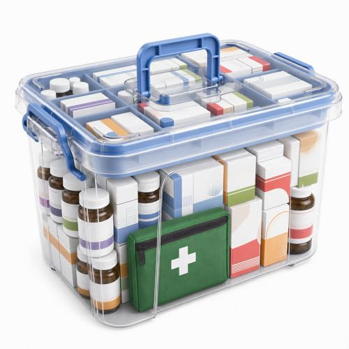 Stidyzo Medicine Storage Box, Large Storage Boxes with Lid, Blue | 2-Layer Multi Grid Medicine Container, Stackable First Aid Box for Home, Office, School
