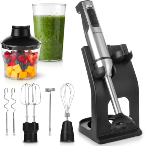 LEHMANN Mixeur Plongeant Multifonction 6 en 1 avec Support, 2000 W, 12 Vitesses et Fonction Turbo, 7 accessoires, Gobelet 800 ml & Hachoir 600 ml, sans BPA, Écran Numérique Vitess, Lame Dorée