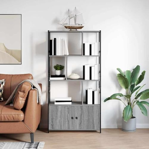 Generico Libreria a Scaletta Grigio Sonoma 80 x 30 x 155,5 cm in Legno Multistrato con Telaio in Acciaio, 2 Porte e Ripiani Multipli per Soggiorno o Ufficio