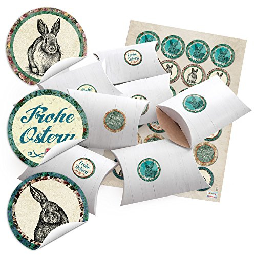 Logbuch-Verlag 24 kleine Oster Schachteln Frohe Ostern Geschenkboxen zum Befüllen Kissenverpackung weiß mit Osteraufkleber