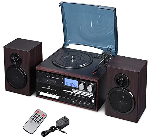 AW Vinyl Record Player with Speakers Turntable for Vinyl Records Stereo System for Home Bluetooth Tape Cassette CD Player Retro All in 1 AM/FM Radio