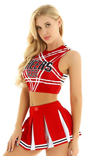 FEESHOW Damen Cheerleading Kostüm Sexy Cheerleading Rock Oberteil Pumpons High School Musical Outfit Karnevalskostüm Party Tanzkleidung Rot S