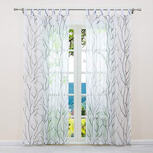 ESLIR Gardinen mit Schlaufen Vorhänge Fensterschal Transparent Schlaufenschal mit Zweige Muster Voile Weiß-Grau BxH BxH 140x145cm1 Stück