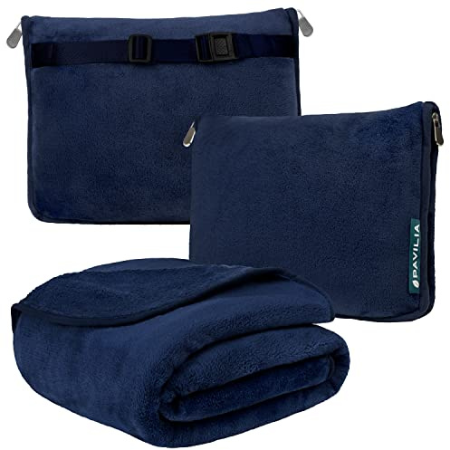 PAVILIA Almohada de Viaje, Suave Manta de avión 2 en 1, Manta de avión compacta, Plegable, Almohada de Coche Esencial para Vuelo, Accesorios de Regalo para viajeros, Correa de Mochila de Equipaje, 60